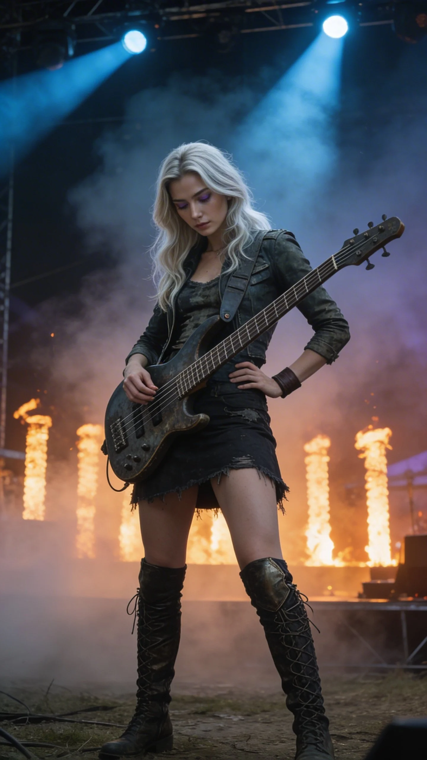A young woman with long blonde hair playing an electric guitar on an outdoor stage during a concert, with bright stage lights and flames in the background.