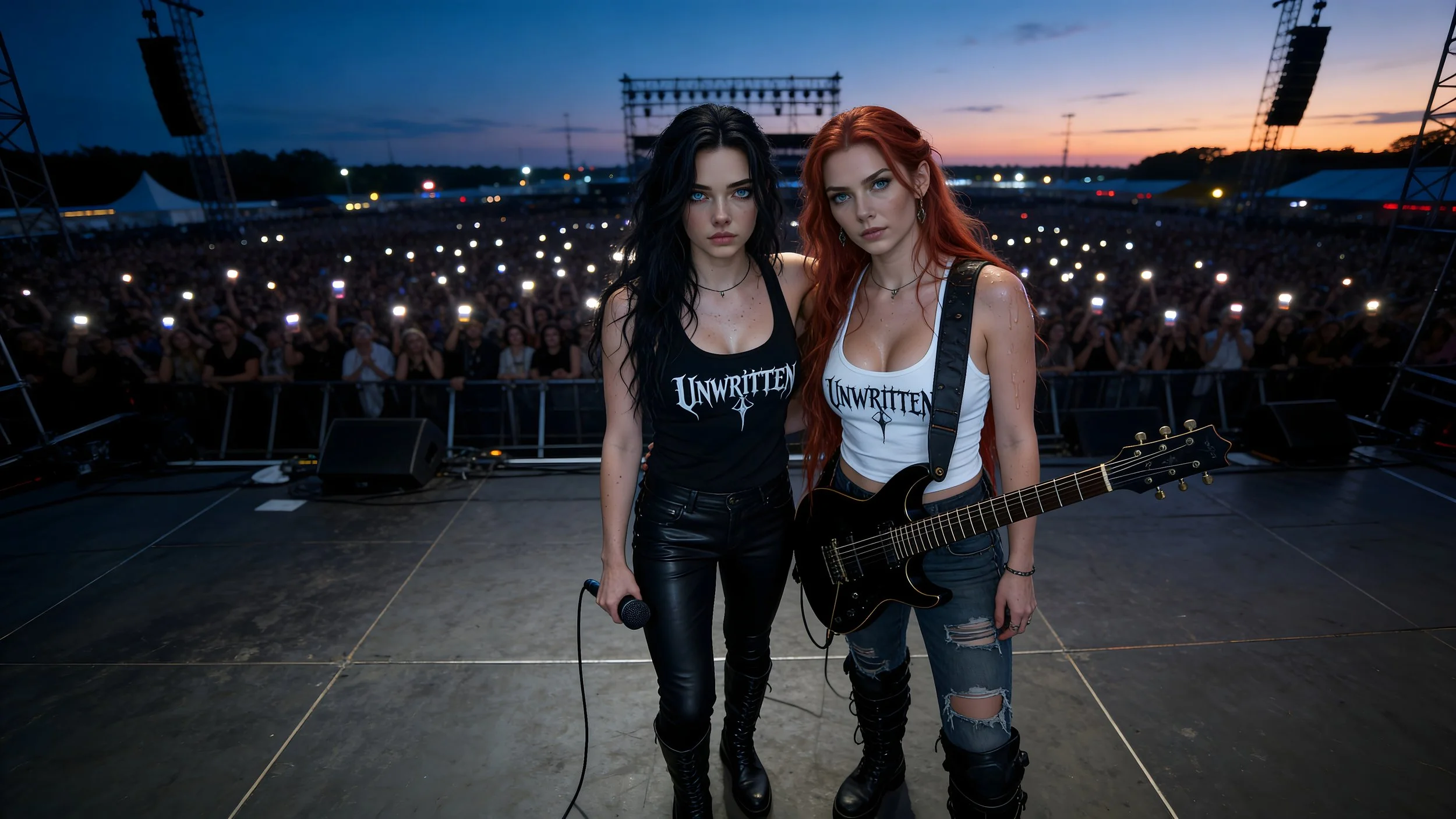 Two young women standing on stage in front of a large audience at an outdoor concert during sunset. They are dressed in black and white tank tops with the word "Unwritten" printed on them, one holding a microphone and the other with an electric guitar.
