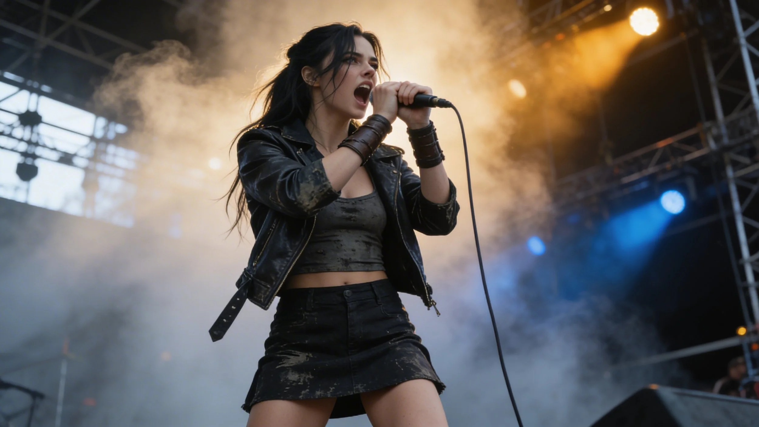 A female singer performing on stage, wearing a black leather jacket and black skirt, holding a microphone and singing passionately with stage lights and smoke in the background.