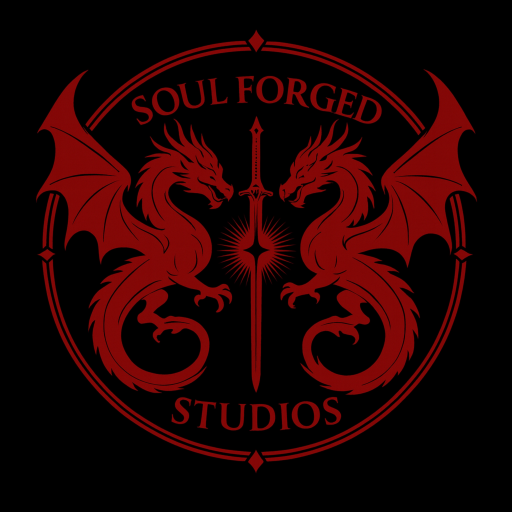 A circular logo with two red dragons facing each other, holding a sword between them, with the text 'SOUL FORGED STUDIOS' in red.