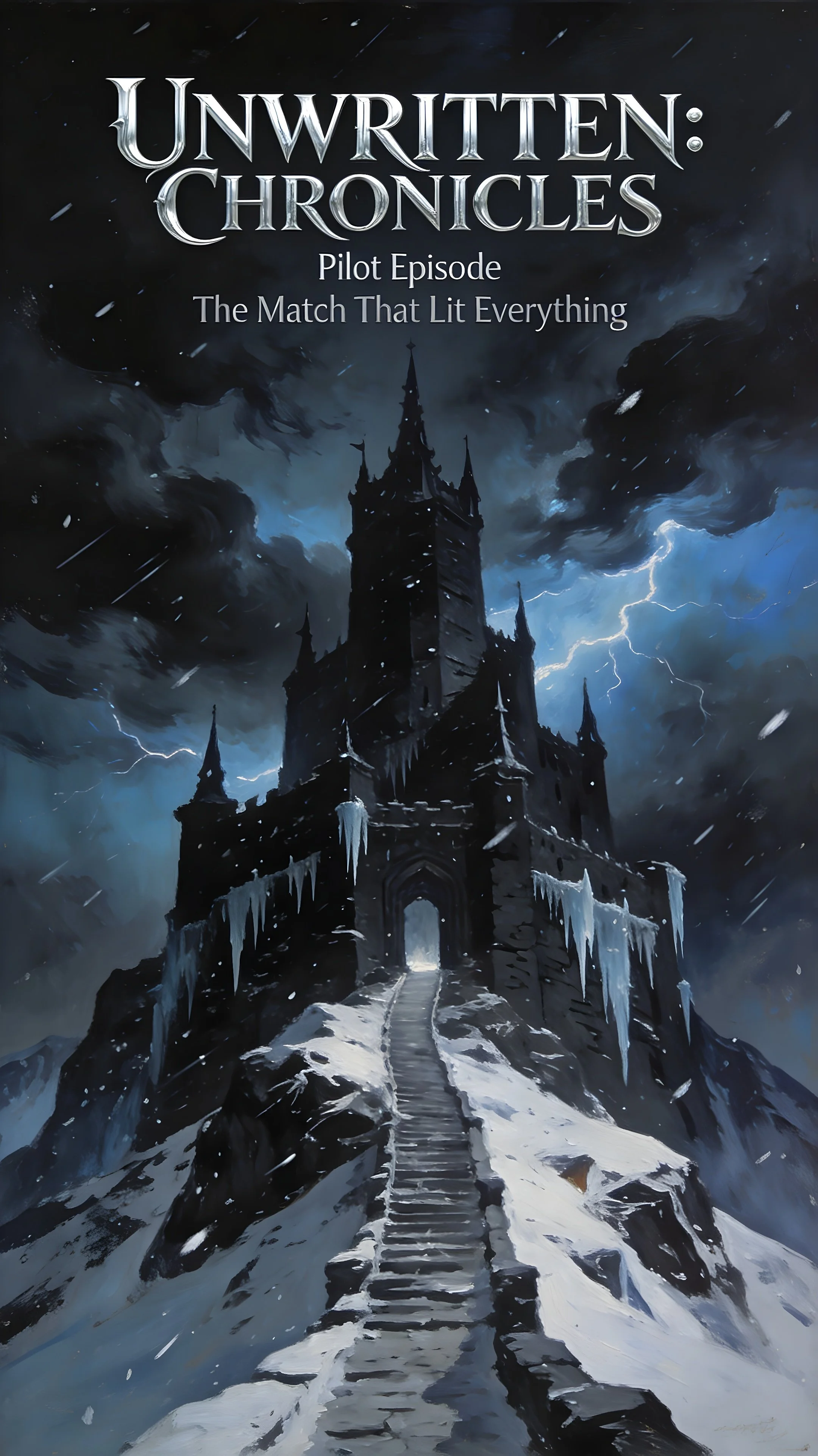 Dark, stormy sky over a snowy mountain with a tall, gothic-style castle and a lightning strike in the background.