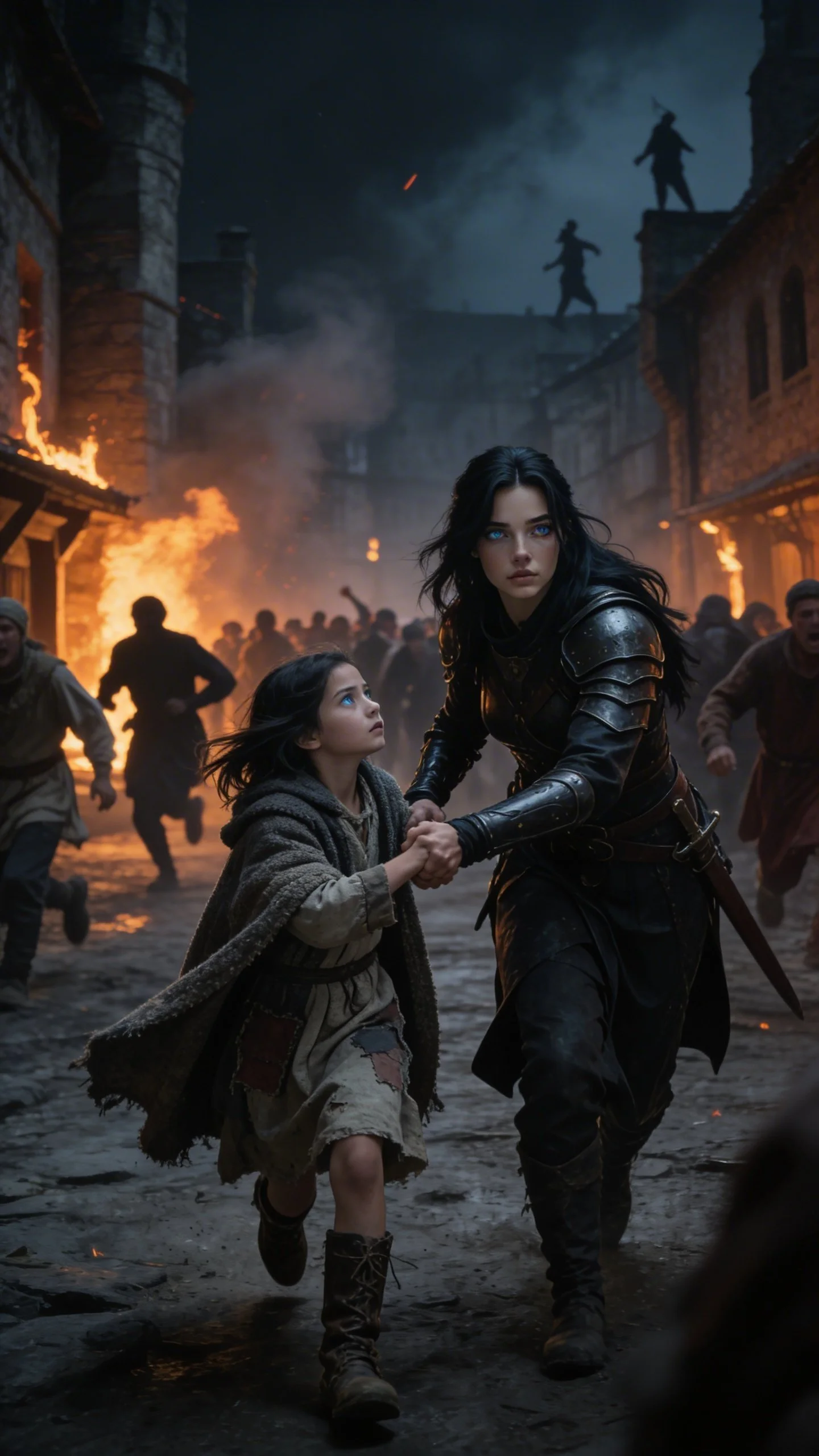 Woman in black armor rescuing a young girl in a burning medieval town, with soldiers in the background and silhouettes of soldiers on the rooftops.