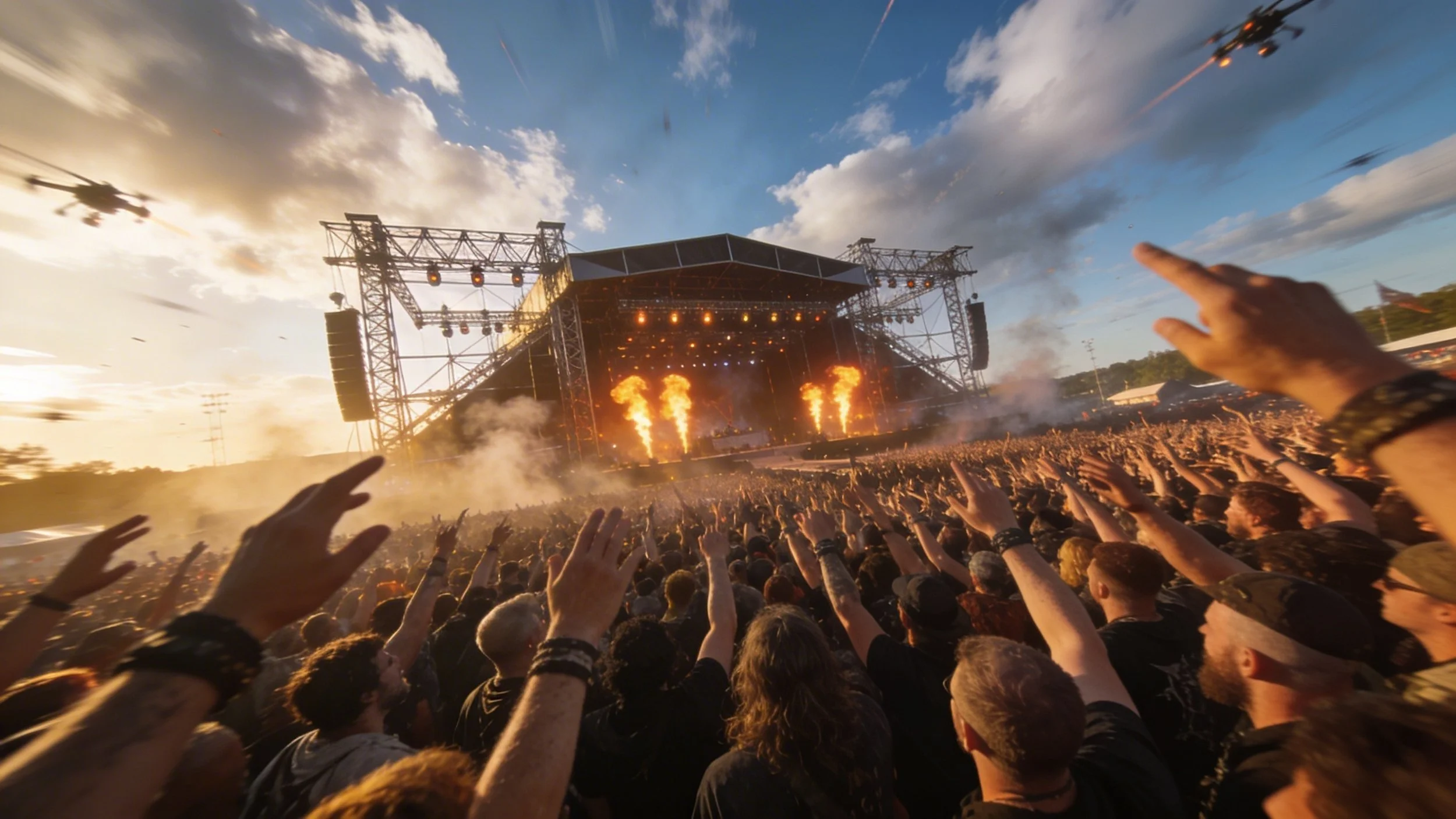 Crowd at outdoor music festival with stage, pyrotechnics, and flying drones during sunset.