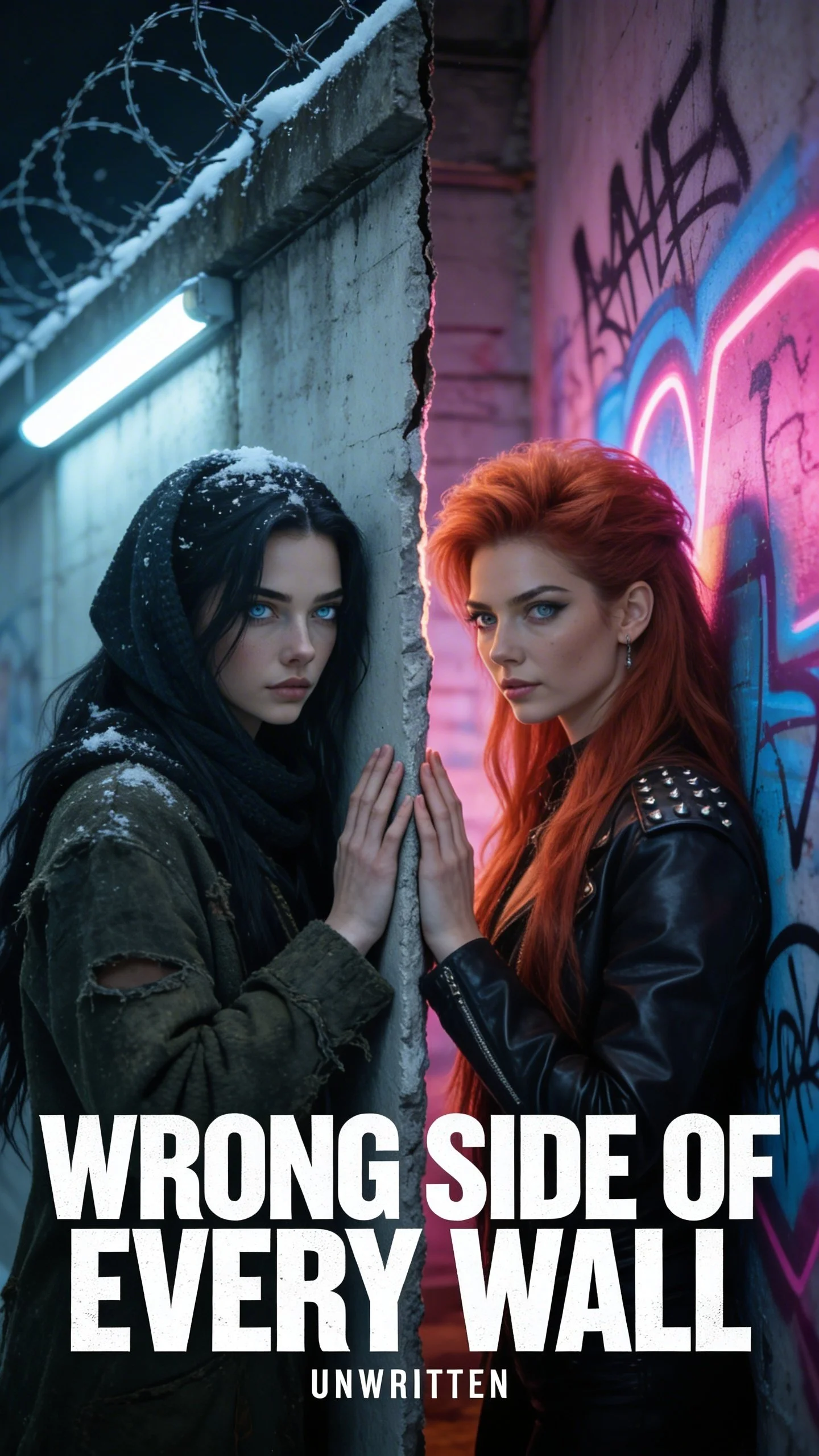 Two women with striking blue eyes stand on either side of a cracked wall, touching hands. The woman on the left has long dark hair, wearing a black hoodie and a green distressed jacket. The woman on the right has long red hair, wearing a black leather jacket with studs, and is leaning against a graffiti-covered wall with pink and blue neon lights. The text on the image reads: "WRONG SIDE OF EVERY WALL UNWRITTEN."