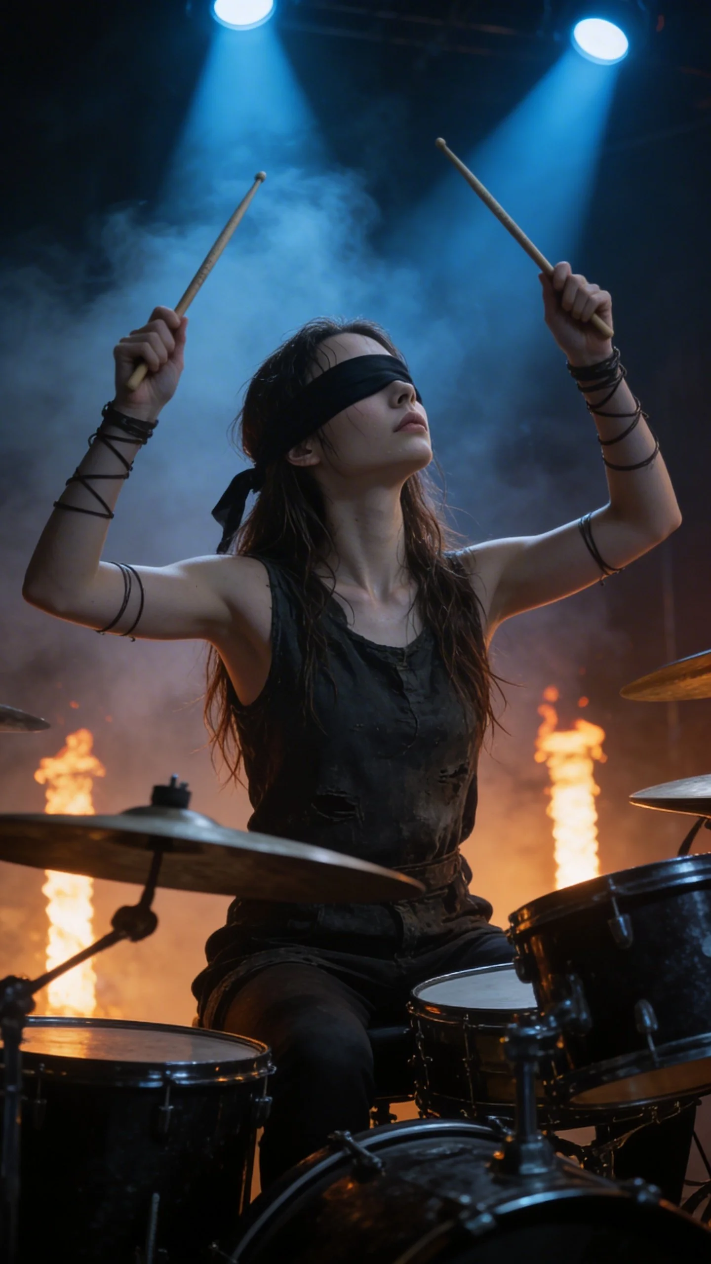 Woman with dark hair, blindfolded, playing a drum set on stage with blue spotlights and fiery background.