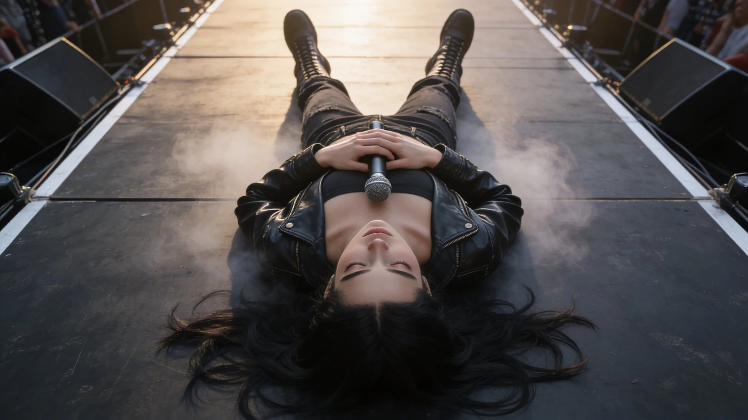 A female performer lying on the stage floor with a microphone in her hands, wearing a black leather jacket and black distressed jeans, looking peaceful with closed eyes.