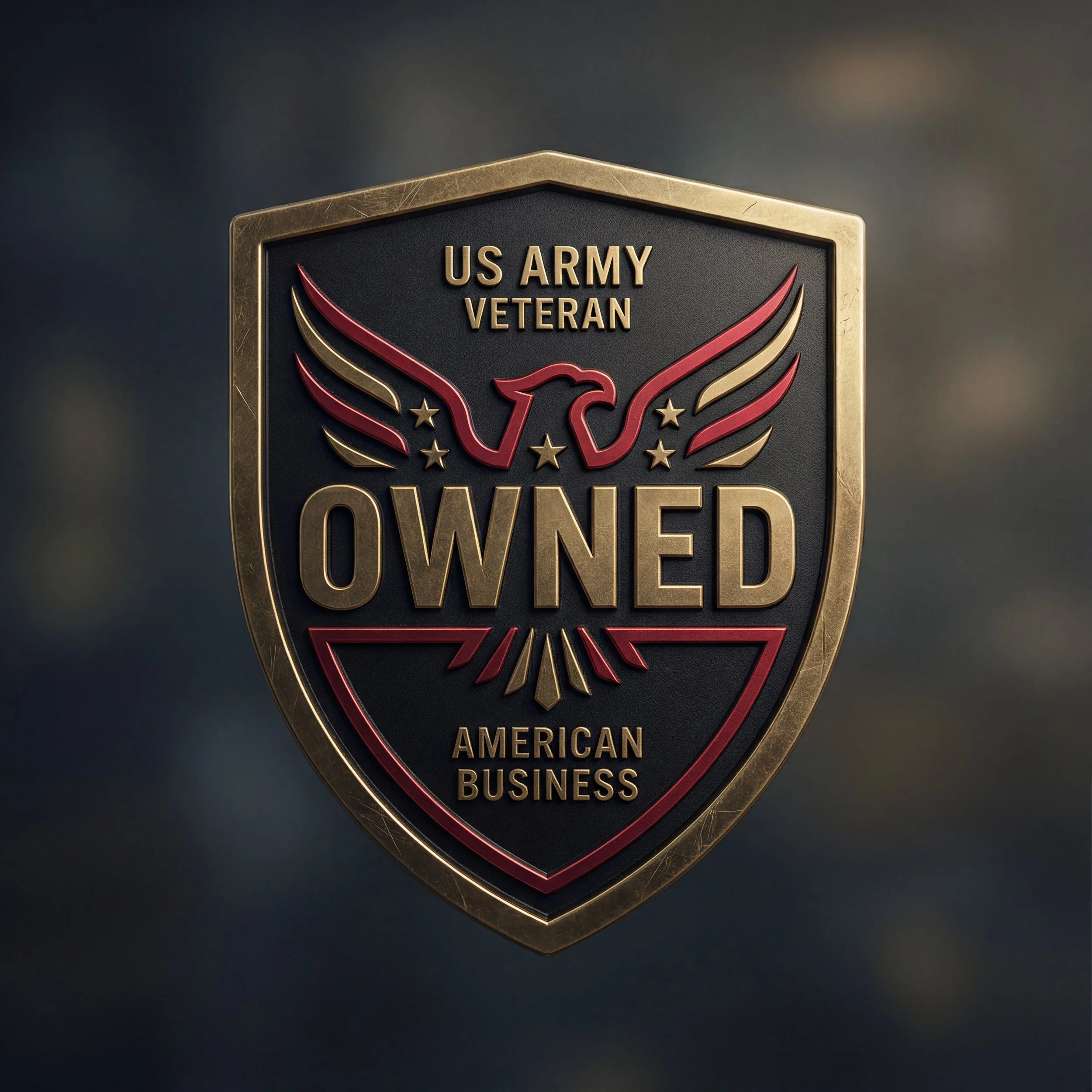 A badge with an eagle and wings, reading 'US Army Veteran Owned American Business'.