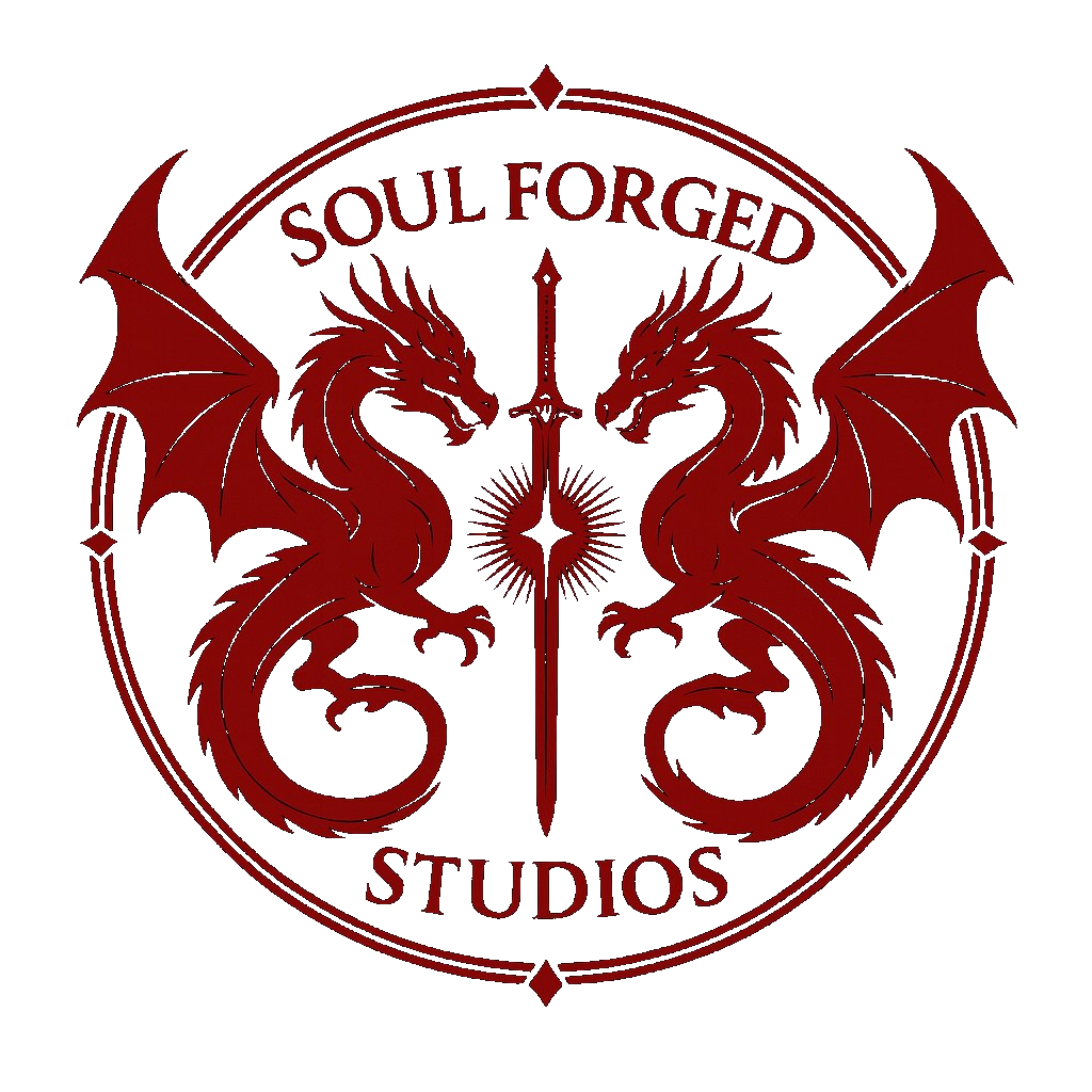 Red logo with two dragons facing each other, a sword in the middle, and text that says "Soul Forged Studios".