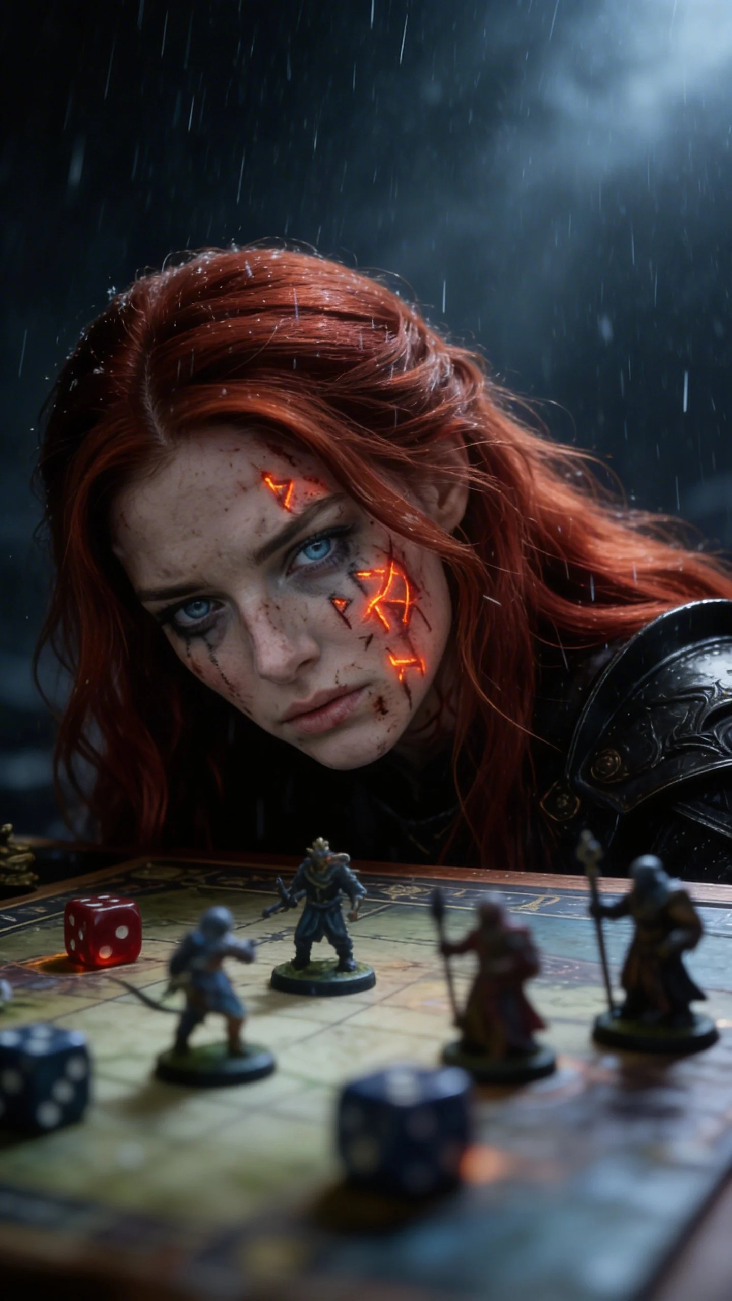 A young woman with red hair and glowing, rune-like markings on her face, staring intensely over a tabletop with fantasy miniatures and dice, in a rainy setting.