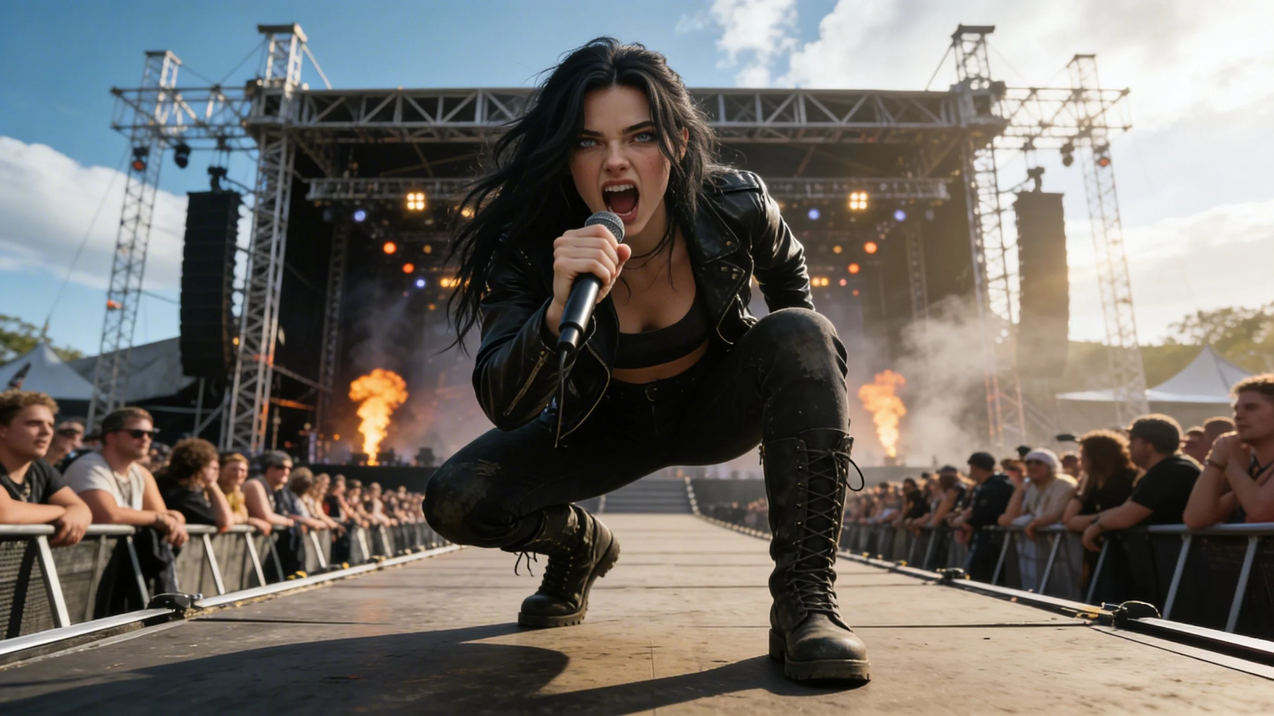 A female rock singer in black leather jacket and pants, holding a microphone, squatting on stage during a concert with an enthusiastic crowd and stage lighting behind her.