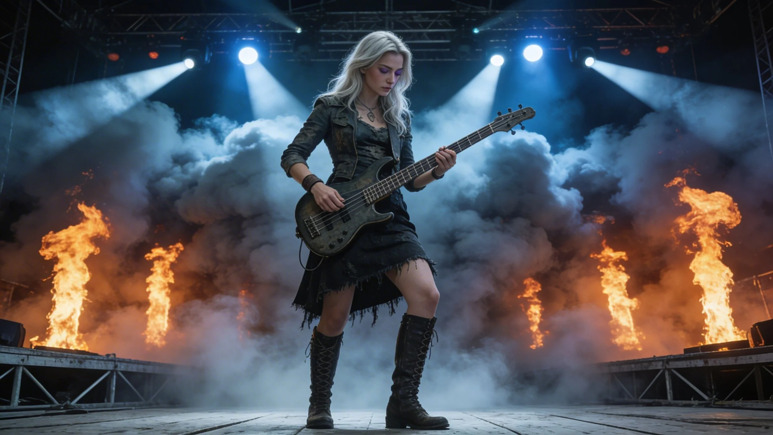A female musician playing an electric bass guitar on stage with fire and smoke effects, stage lights, and clouds in the background.