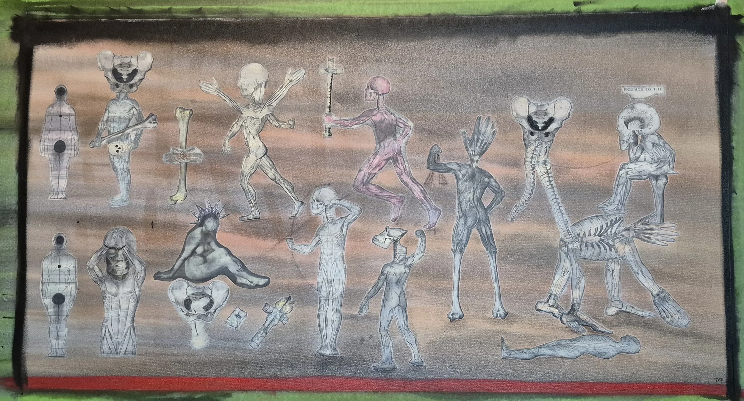 Twist the bone drive it down

collage on unstretched canvas  
19 x 35 inches