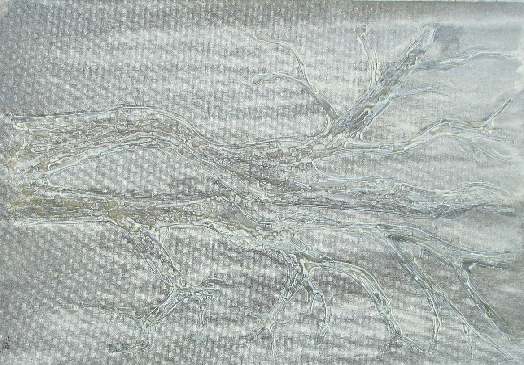 Thru branches of a dying tree

mix medium on unstretched canvas 
14 x 19 inches