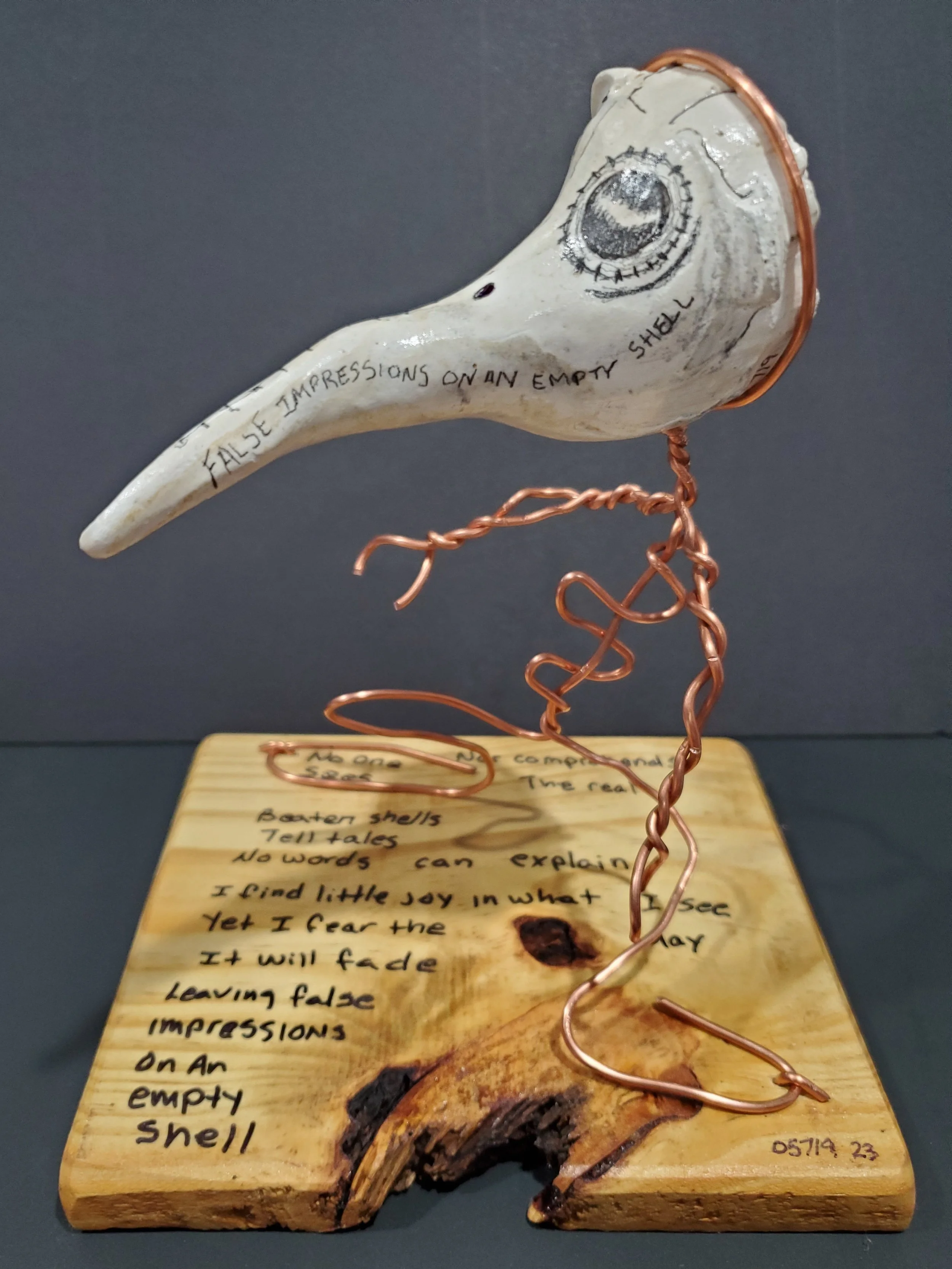 False impressions of an empty shell

copper wire, seashell on wood base
6 x 8 inches