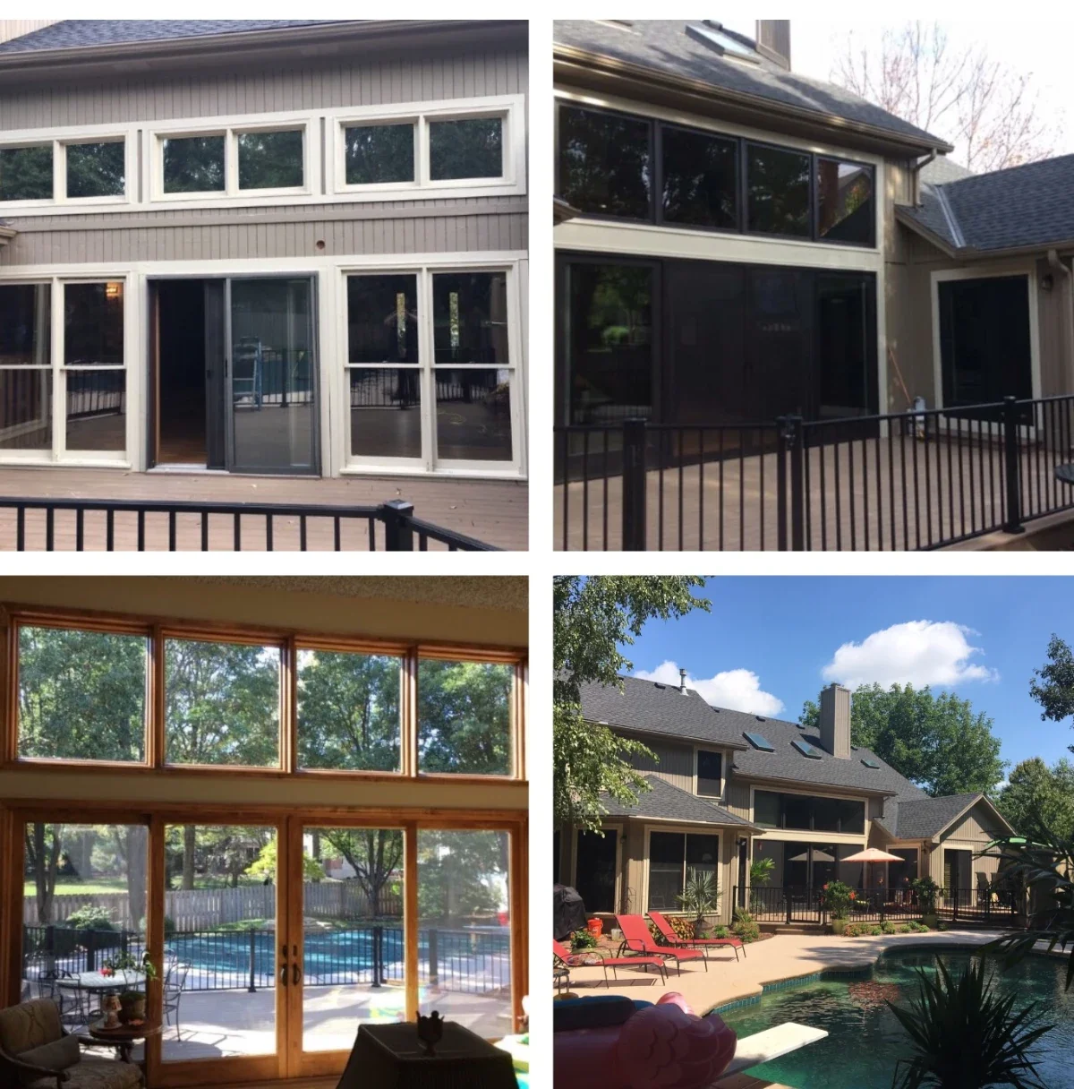 A collage of four images showing different aspects of a house and its backyard. The first image displays a house's back exterior with large glass sliding doors and windows, and a wood deck with a black railing. The second image shows the same house with a darker screened porch, a sloped roof, and a backyard with trees. The third image depicts the interior view of the house looking out through large windows at the backyard, pool, and patio tables. The fourth image presents the house's backyard with a swimming pool, lounge chairs, patio furniture, trees, and a partly cloudy sky.