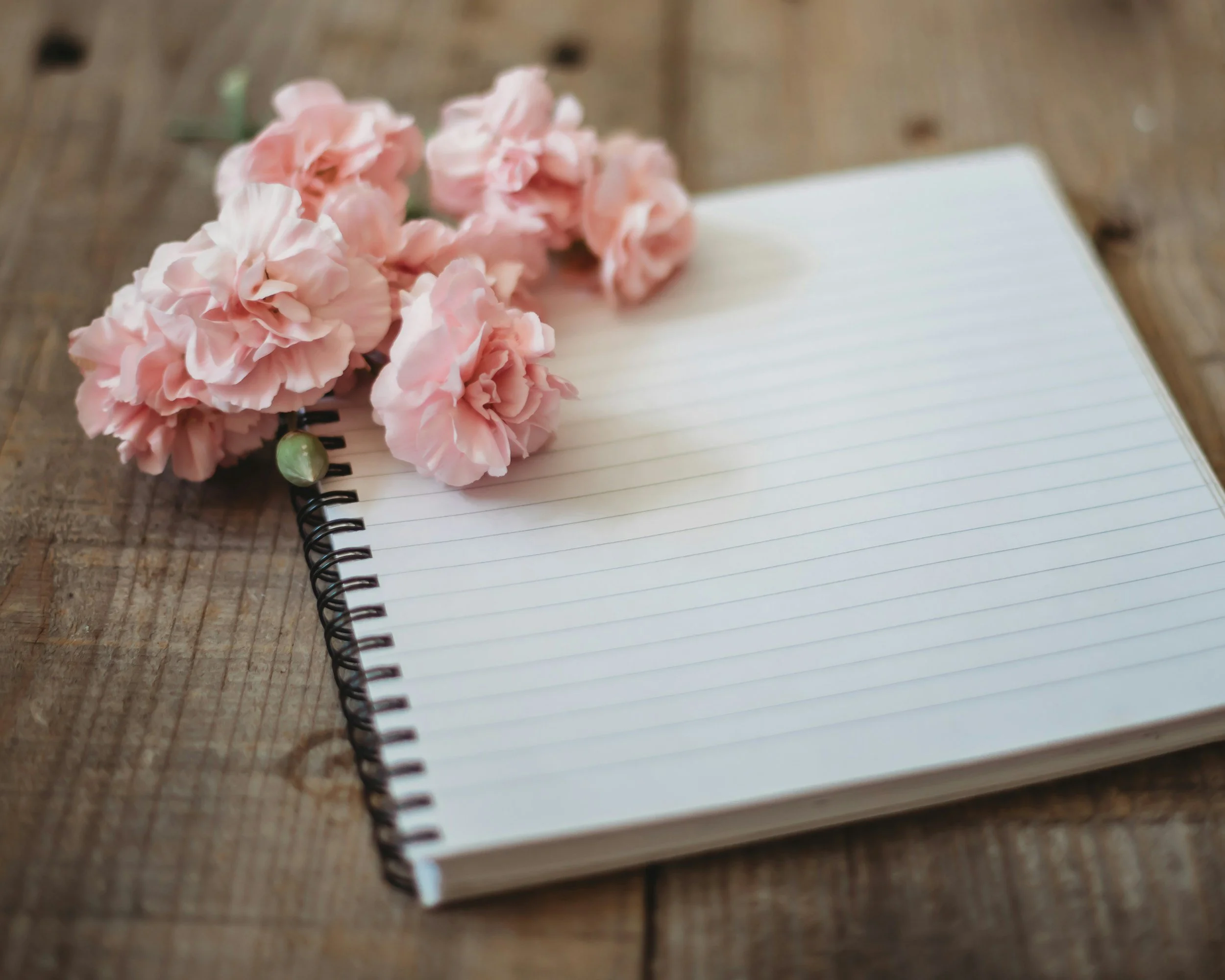 A spiral-bound notebook with lined pages on a wooden surface, decorated with pink carnations.
