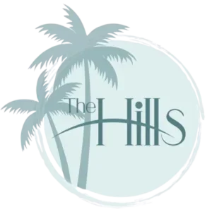 Logo for The Hills featuring palm trees and stylized text on a circular background.