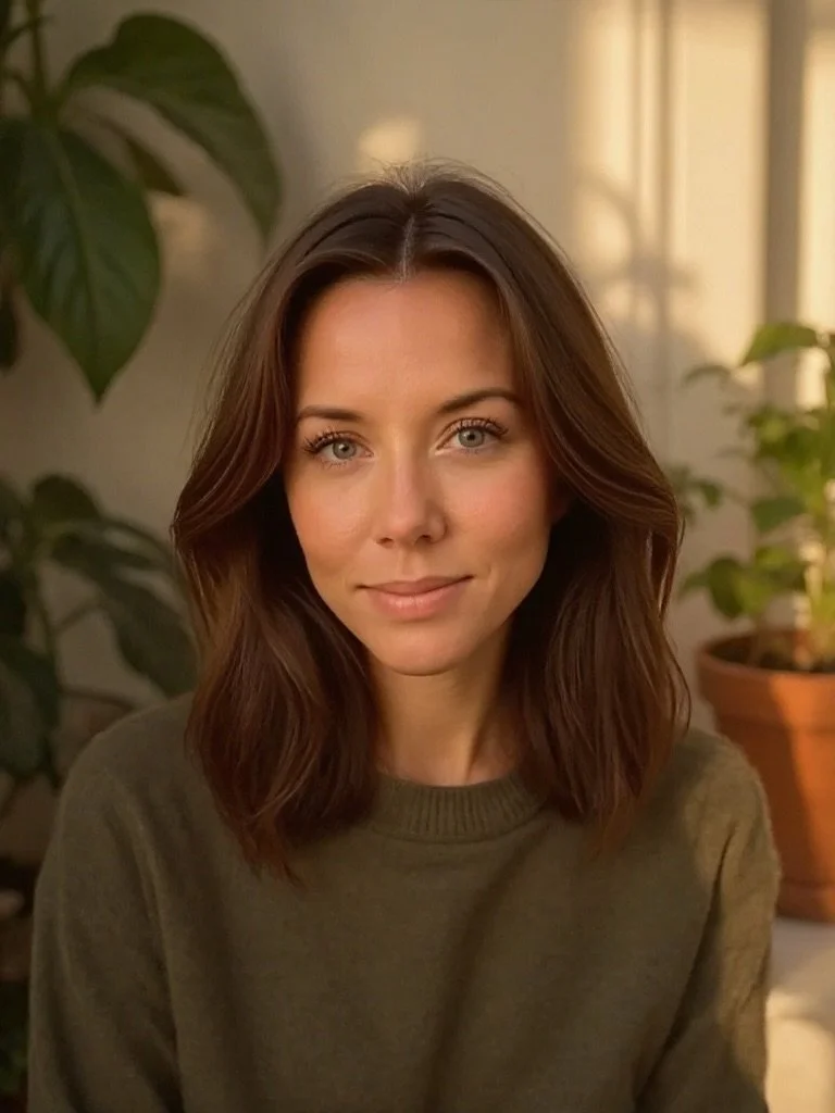 Smiling woman with curly hair wearing glasses, hoop earrings, and a striped shirt in an indoor setting.