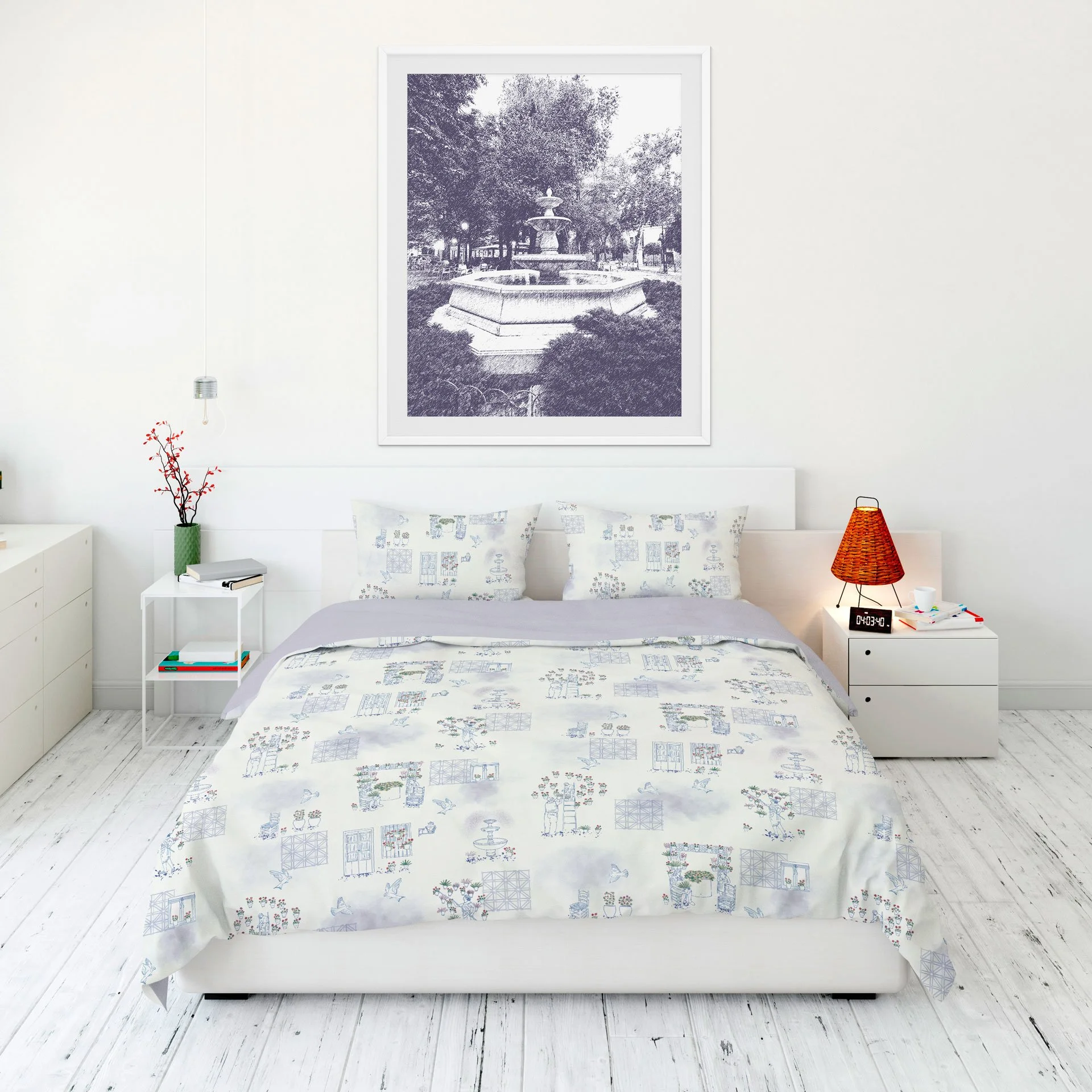 Cama cubierta con colcha estampada de Los Patios de Córdoba