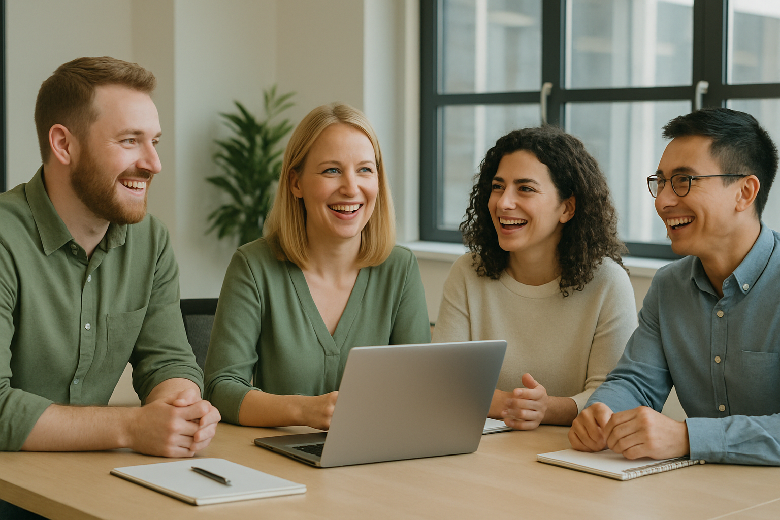 Fyra personer som skrattar och pratar tillsammans vid ett bord i ett mötesrum, med en öppen laptop och anteckningsböcker framför sig.