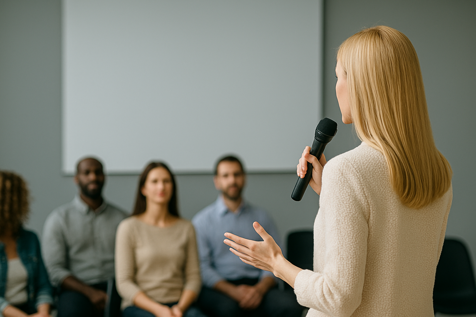 En kvinna med litet, blond hår, håller en mikrofon och talar inför en grupp av fyra personer som sitter i ett konferensrum.