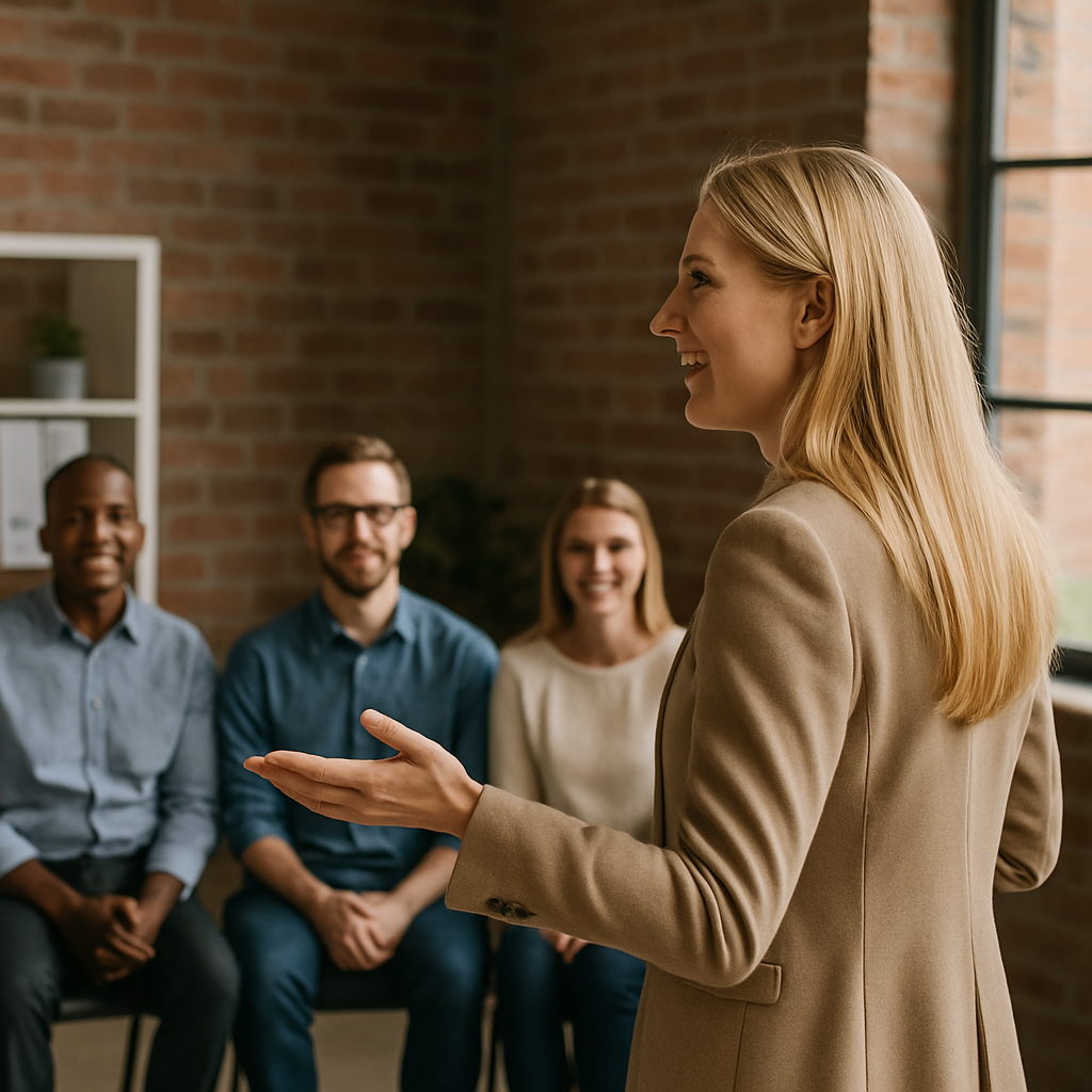 En kvinna i beige kavaj talar till en grupp tre personer som sitter i en ring, i ett rum med tegelväggar och ett fönster.