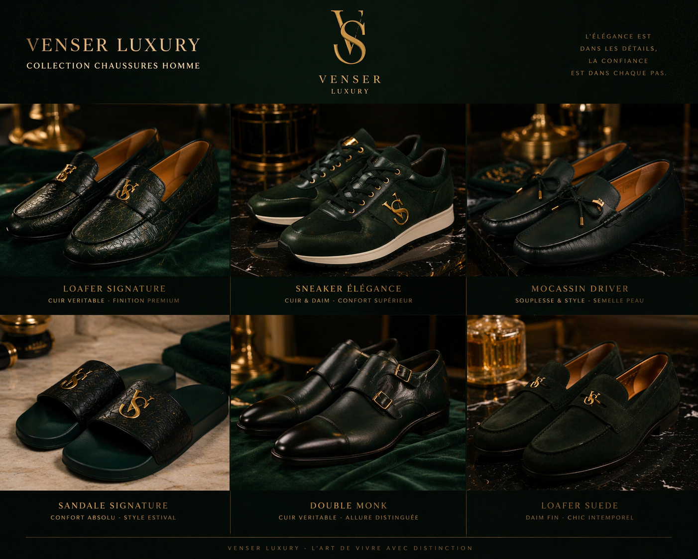 Vitrine de six paires de chaussures masculines élégantes en cuir noir ou vert foncé, avec des détails en or et des logos de la marque Venser, sur un fond de décoration luxueuse en or et en marbre, dans une disposition de catalogue.