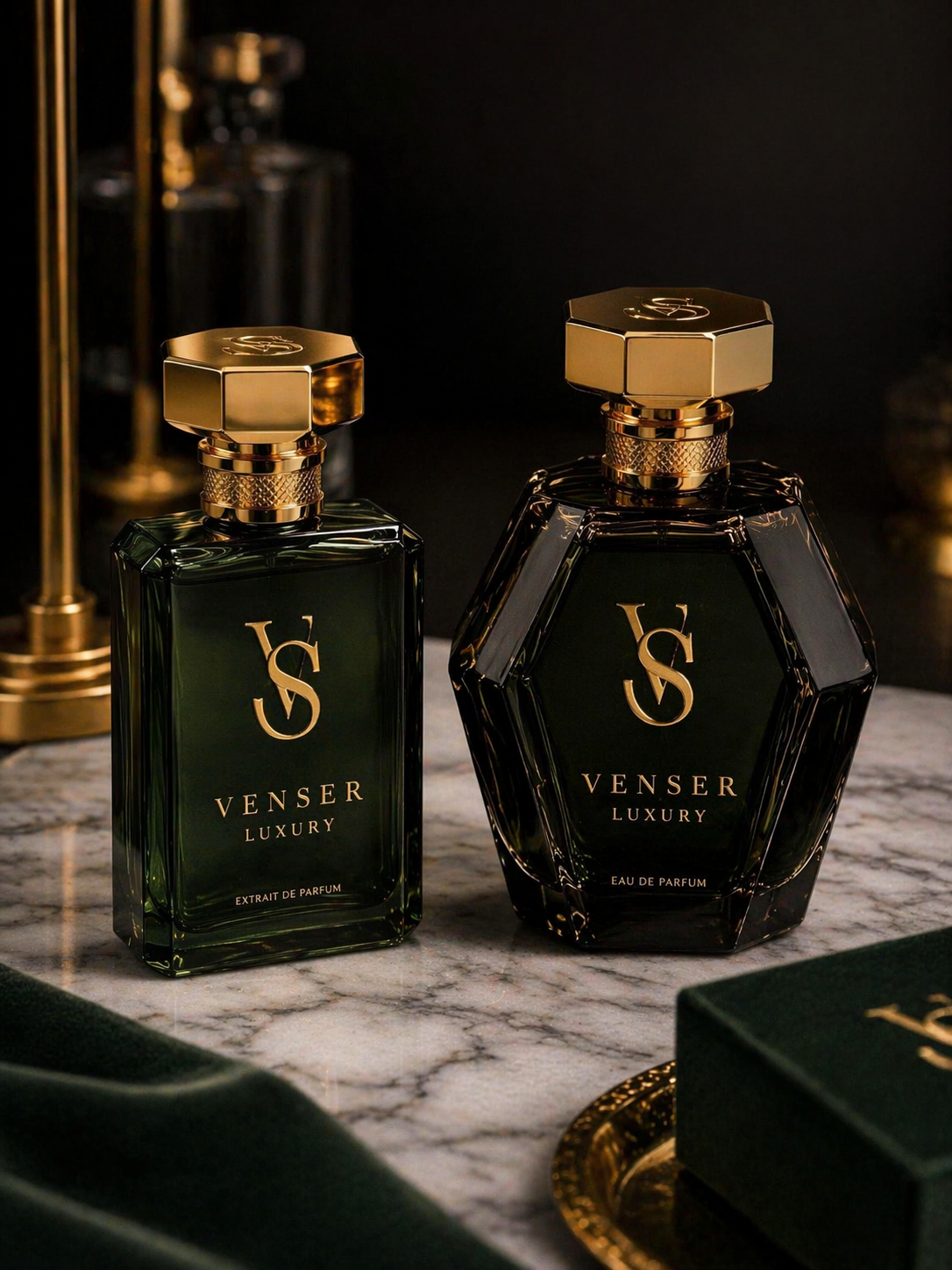Deux flacons de parfum luxueux noirs avec des bouchons en or, portant la marque 'Venser Luxury' sur une surface en marbre, entourés d'éléments décoratifs dorés.