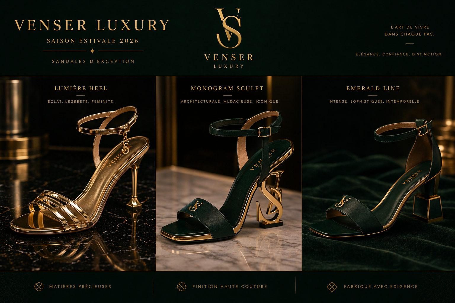Affiche promotionnelle pour la collection de sandales de luxe Venser Luxury pour l'été 2026. Trois modèles de sandales élégantes sont présentés, chacun avec une description : Lumière Heel, Monogram Sculpt, Emerald Line. Chaque sandale est décorée de détails en or et est placée sur une surface sophistiquée, avec un fond noir et un éclairage chaud.