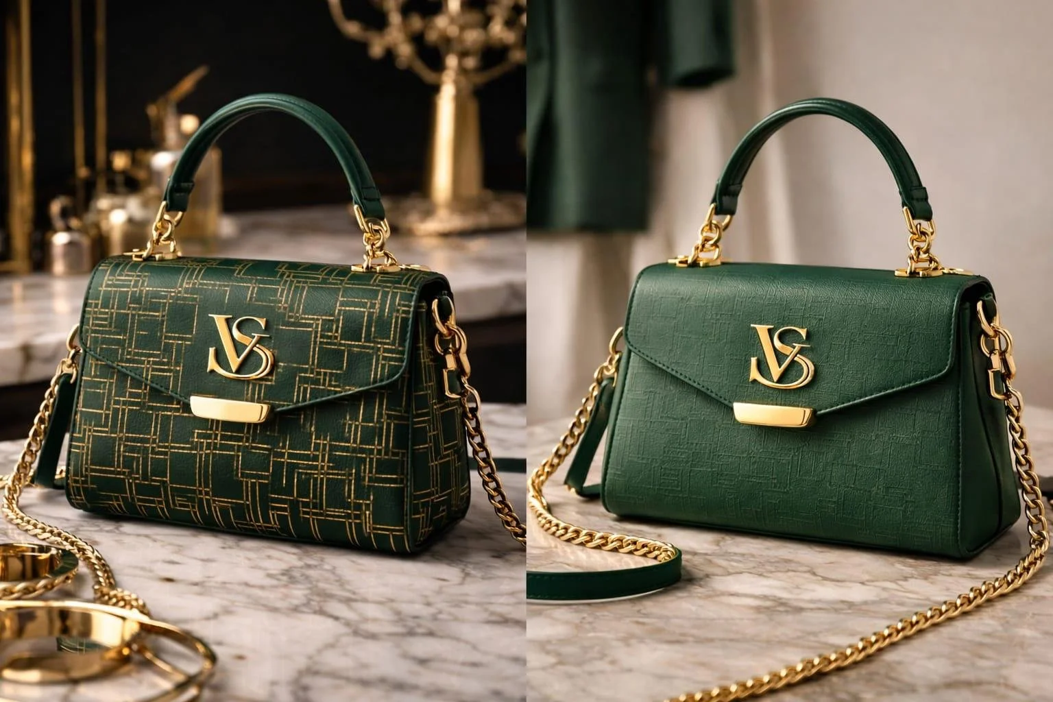 Deux sacs à main verts avec poignées en cuir vert, ornés de chaînes en or, placés sur une surface en marbre. Le sac à gauche présente un motif géométrique doré, tandis que le sac à droite a une texture cuir simple, tous deux avec un logo en or sur le devant.