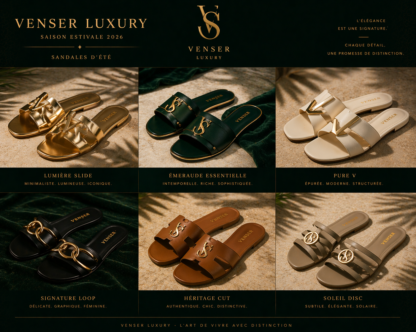 Présentation de six paires de sandales Venser de luxe, chaque paire avec un style et une couleur différents, sur fond de sable et de feuilles d'ombre, avec titre et descriptions en français.