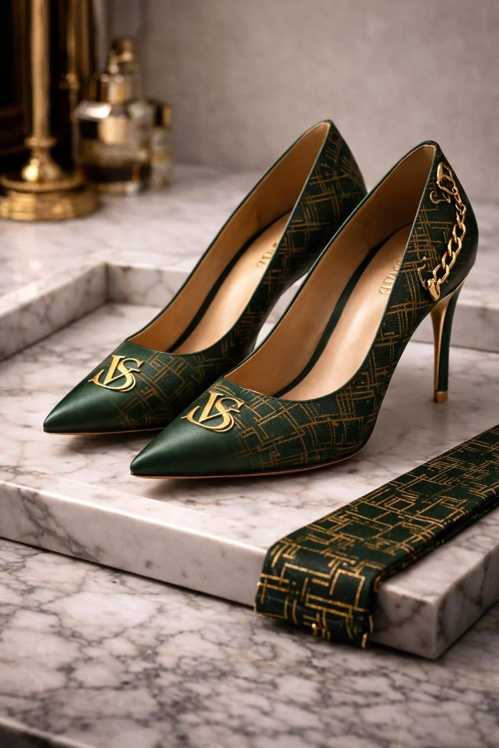 Escarpins verts à talons hauts avec motifs dorés et chaîne dorée au talon, posés sur une surface en marbre avec un fond en pierre et des objets dorés en arrière-plan.