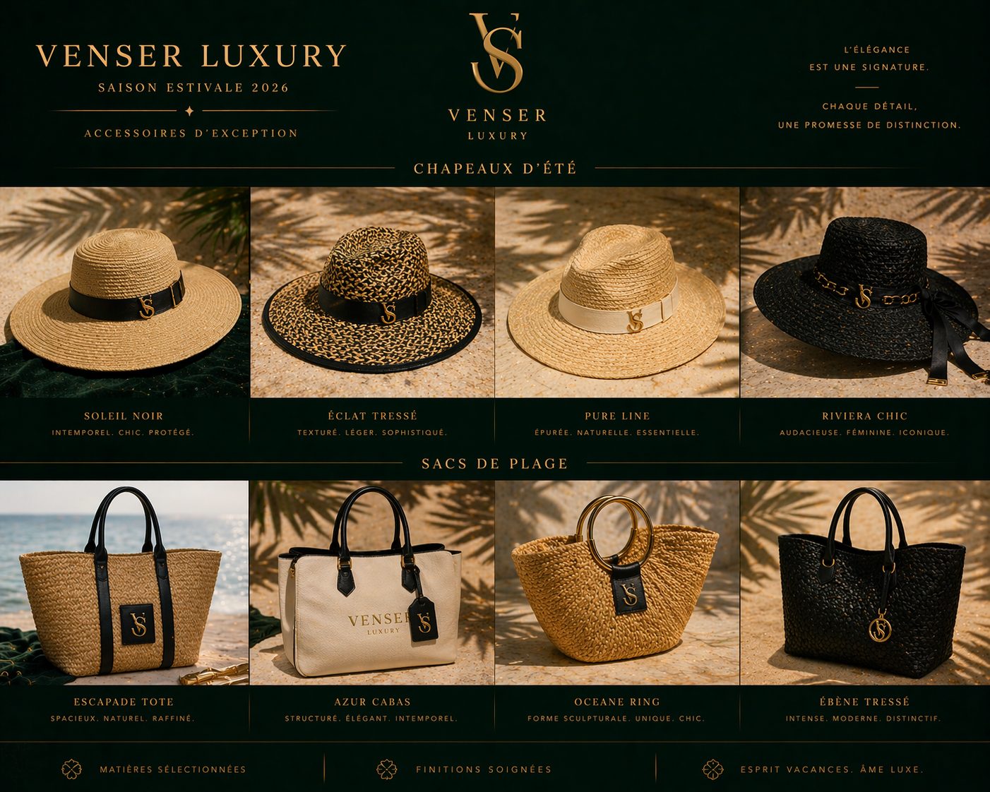 Catalogue de accessoires de luxe pour l'été 2026 avec des chapeaux et sacs de plage, en noir, beige et ivoire, présentés sur un fond ensoleillé.