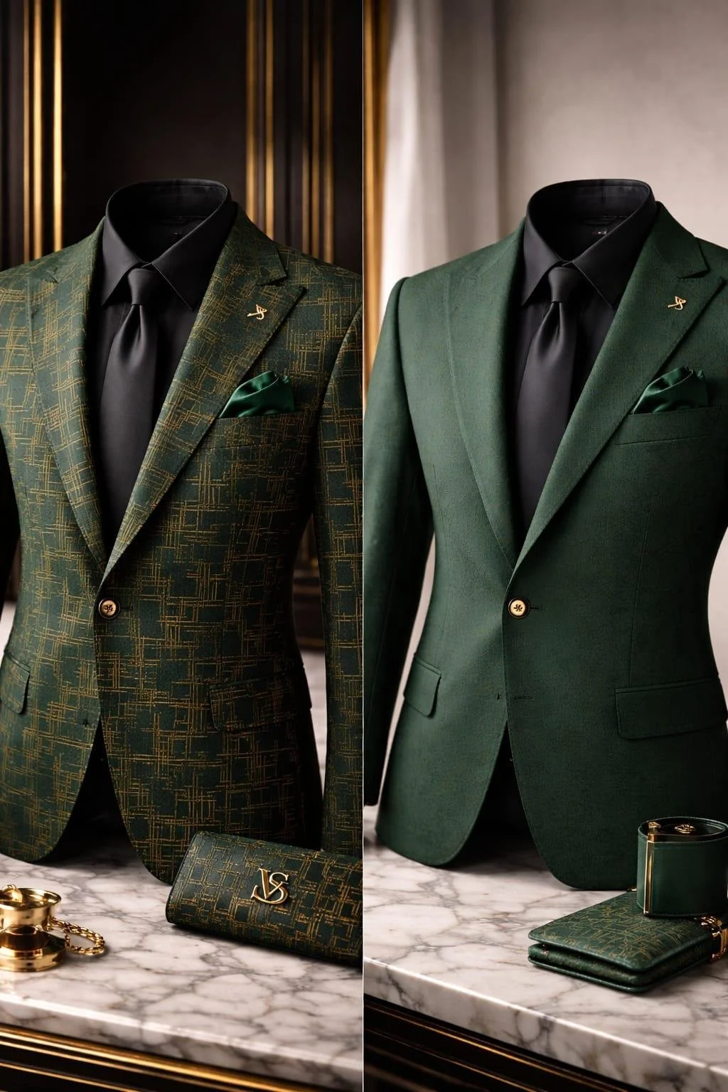 Costumes de costumes pour homme en vert foncé, avec accessoires en or, sur une table en marbre.