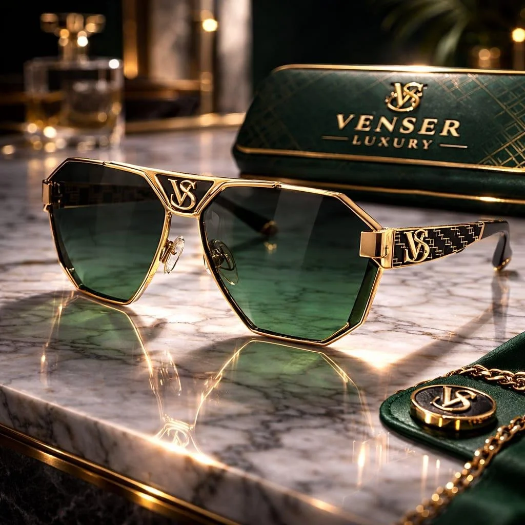 Lunettes de soleil de luxe avec monture en or et verres verts, portant le logo VS, sur une surface en marbre avec un étui et un bracelet assortis portant également le logo VS, en arrière-plan un boîtier de luxe avec la marque Venser.