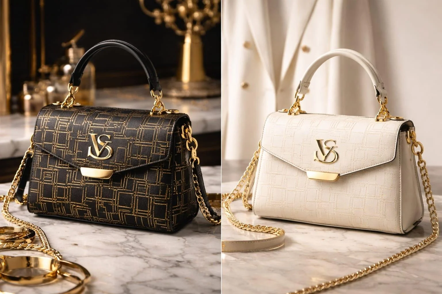 Deux sacs à main de luxe avec chaîne en or, un noir et un blanc, posés sur une surface en marbre, avec un fond élégant.