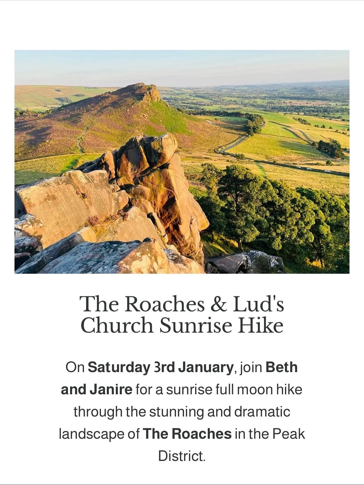 What a start to 2026&hellip;
The Roaches &amp; Lud&rsquo;s Church Sunrise Hike
Led by Janire @rayofsun_adventures &amp; Beth @bethlucyexplores 

📅 Date:&nbsp;Saturday 3rd January 2026
🕢 Meet:&nbsp;7:30 am
🌅 Sunrise:&nbsp;8:20 am
⛰️ Distance:&nbsp;