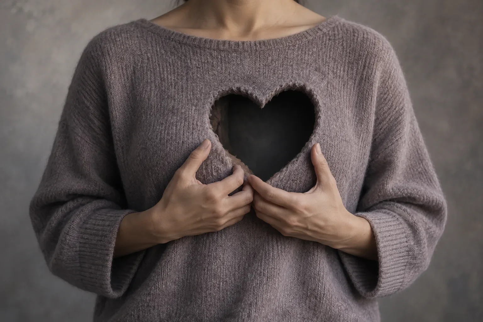 Persona sosteniendo un vacío con forma de corazón en el pecho como símbolo del duelo