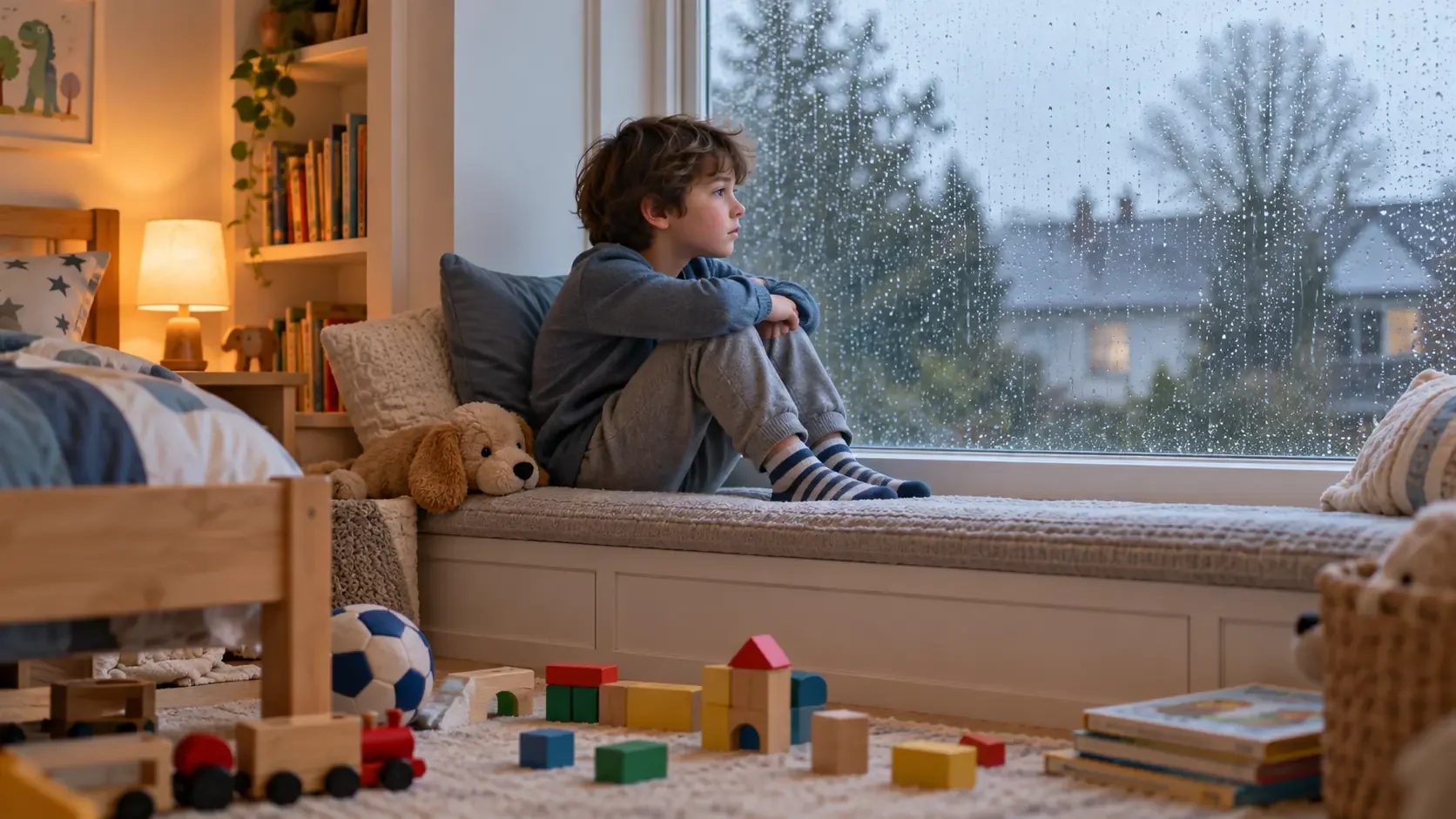 Niño pensativo mira la lluvia desde la ventana de su habitación sin prestar atención a sus juguetes.