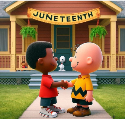 Charlie Brown y un amigo dándose la mano a la puerta del colegio