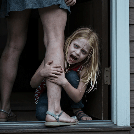 niña llorando abrazada a la pierna de su madre