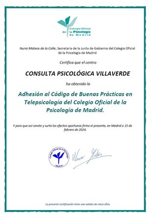 Certificado de adhesion a buenas practicas en Telepsicología de Colegio Oficial de la Psicología de Madrid