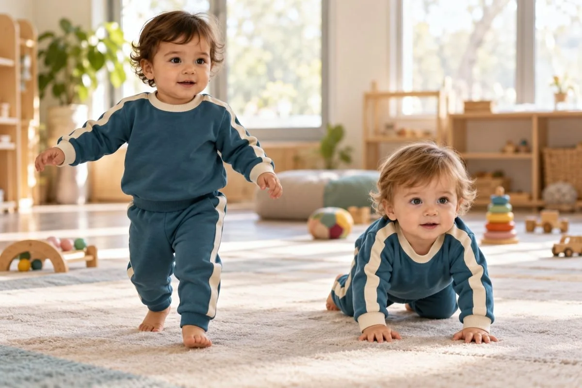 Dos niños pequeños con el mismo chándal en una zona de juego, uno caminando y el otro gateando.