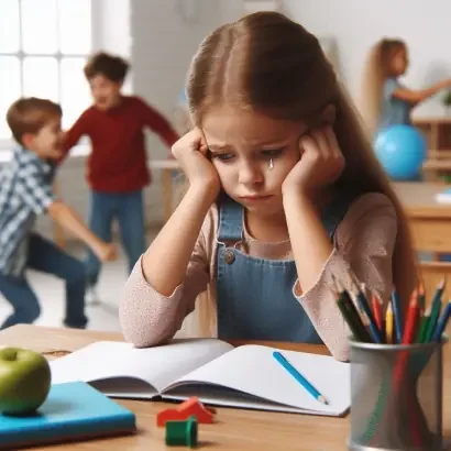 niña triste sentada sola en un pupitre mientras sus compañeros juegan ignorándola