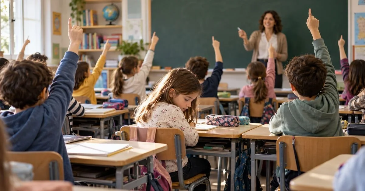 Niña con la cabeza agachada en un aula mientras sus compañeros levantan la mano para responder a la profesora.