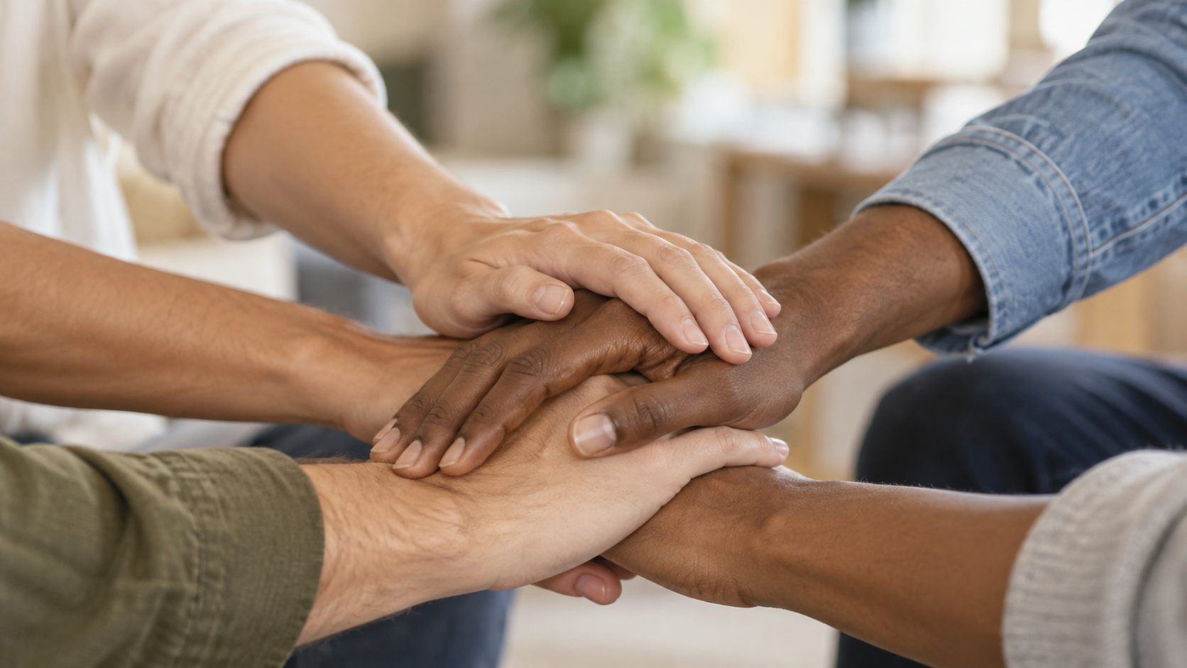 Manos de varias personas como símbolo de confianza y apoyo social