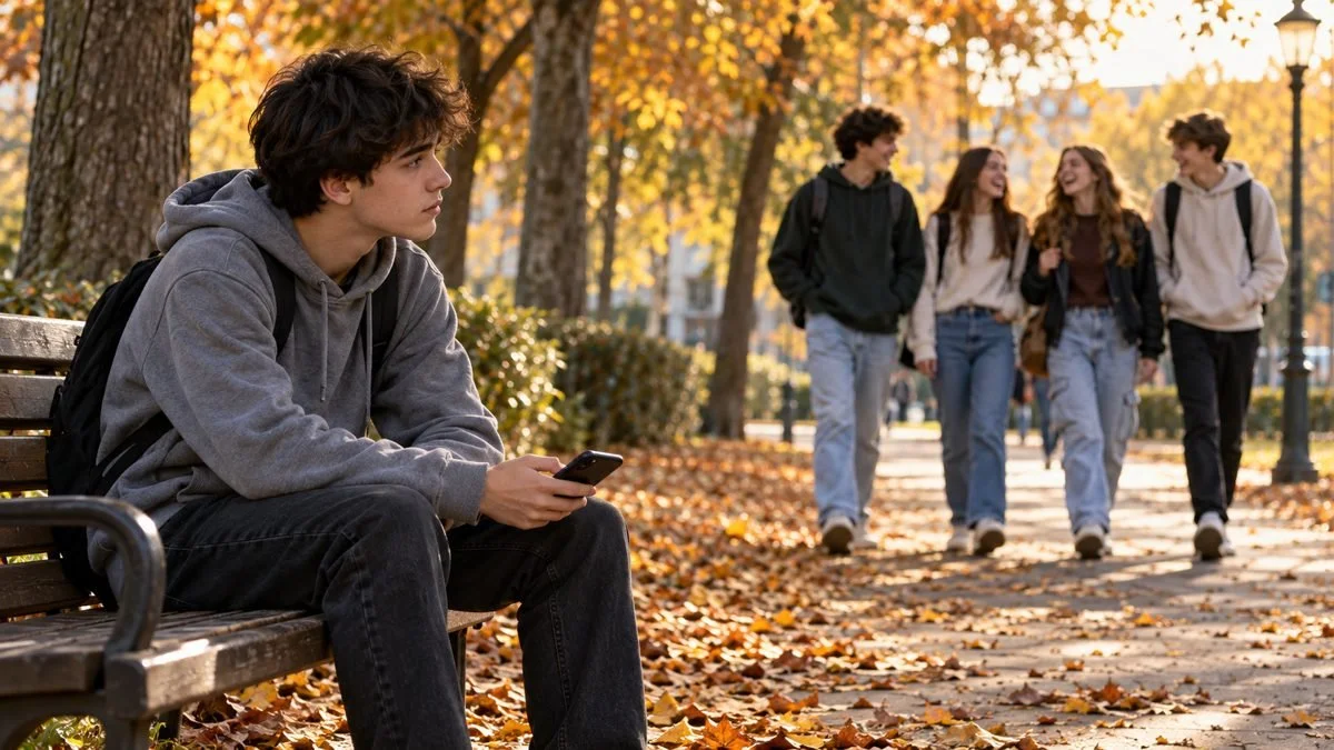 Adolescente sentado solo en un banco de un parque otoñal, con el móvil en la mano, mirando a un grupo de jóvenes que pasa conversando y riendo.