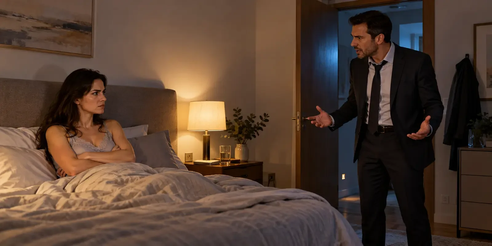 Pareja discutiendo en el dormitorio durante una crisis de relación