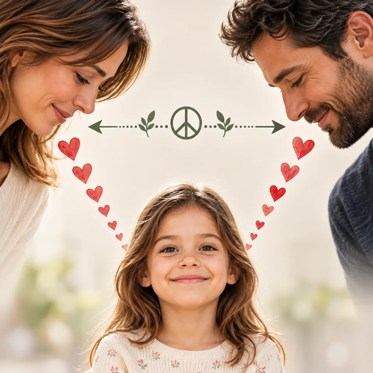 Padre y madre separados sonríen a su hija, representando el amor hacia los hijos y la comunicación pacífica entre progenitores durante un divorcio.