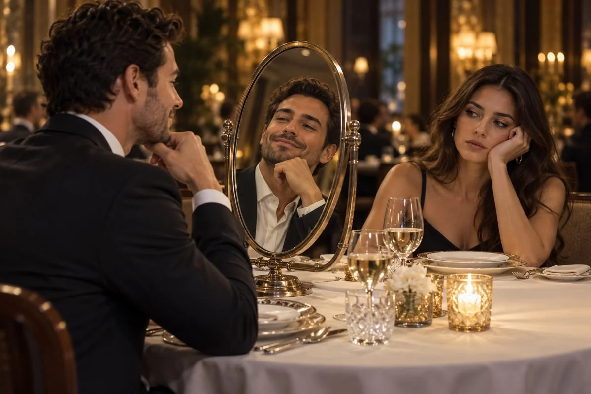 Hombre sonriéndose en un espejo durante una cena mientras su pareja lo observa aburrida, con la cabeza apoyada en la mano.